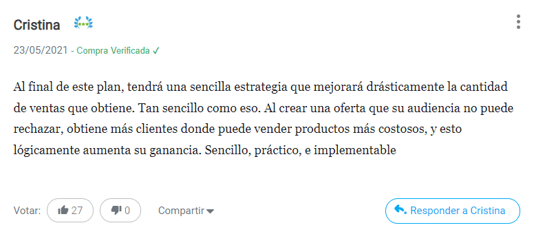 classyfunnels - testimonial - opinión del Plan de Ejecución Rápida "Crea una oferta irresistible"