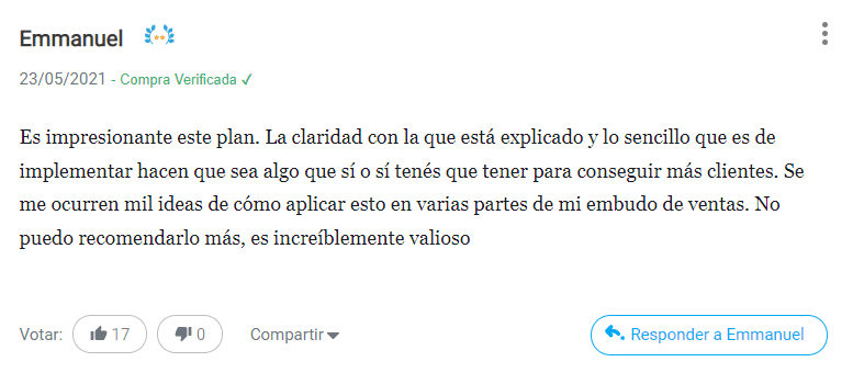 classyfunnels - testimonial - opinión del Plan de Ejecución Rápida "Crea una oferta irresistible"