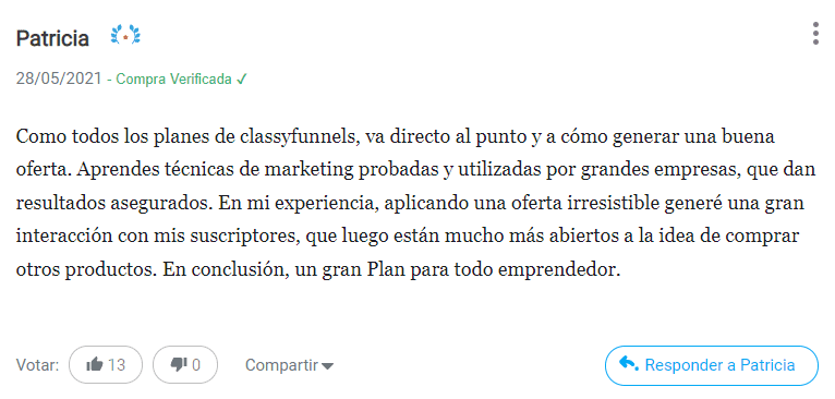 classyfunnels - testimonial - opinión del Plan de Ejecución Rápida "Crea una oferta irresistible"
