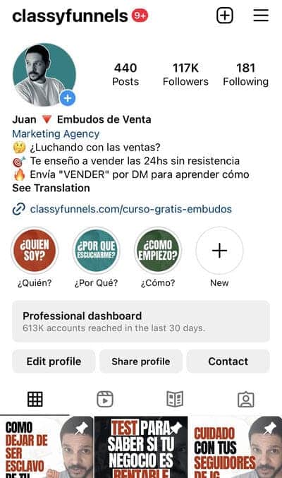 Instagram de classyfunnels. Comunidad de más de 115.000 seguidores.