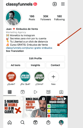 classyfunnels - click en el enlace del perfil de Instagram