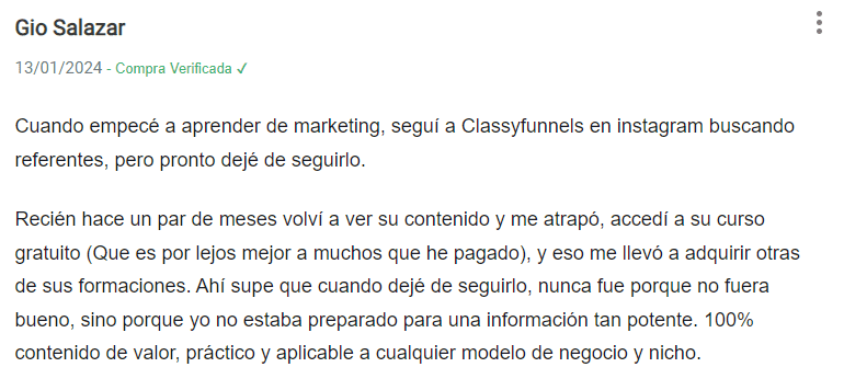 Testimonial - Tu primer embudo de venta - classyfunnels