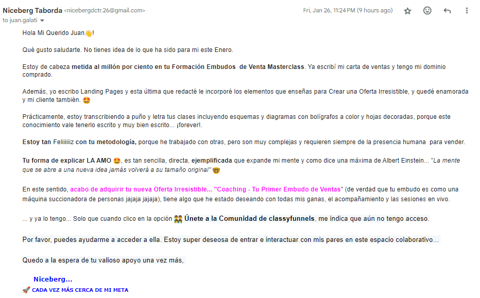 Testimonial - Tu primer embudo de venta - classyfunnels