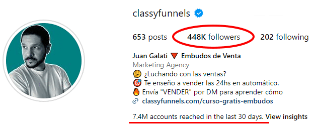 Crecimiento del Instagram de classyfunnels.