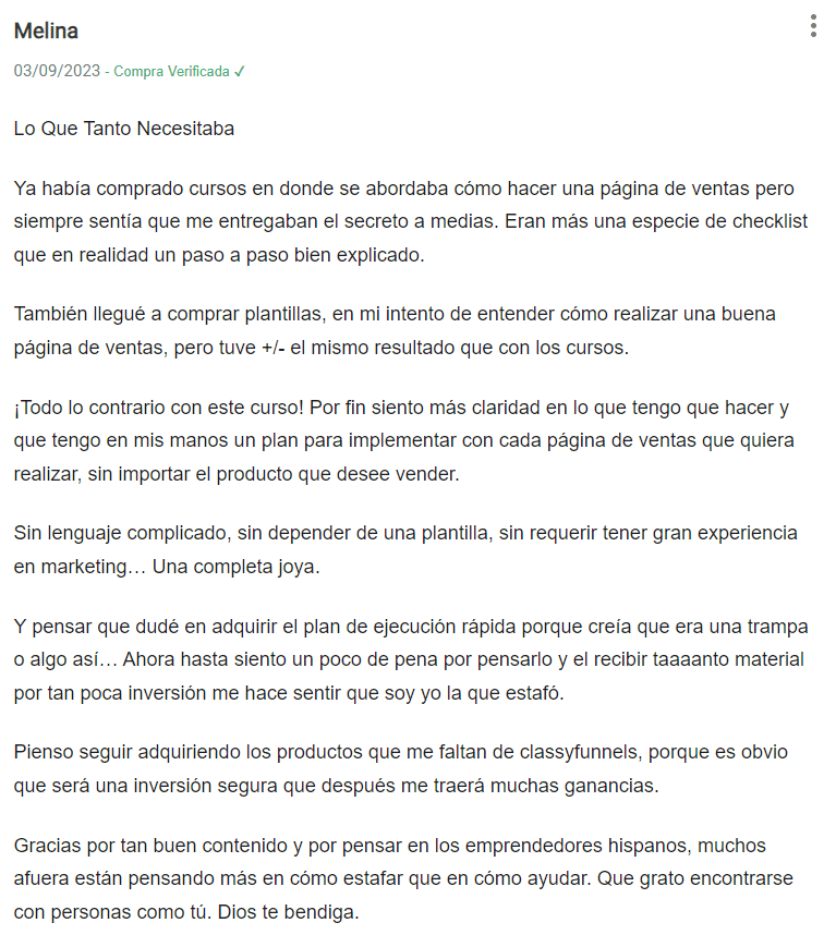 Testimonial sobre el curso Anatomía de una Página de Ventas de Alta Conversión.