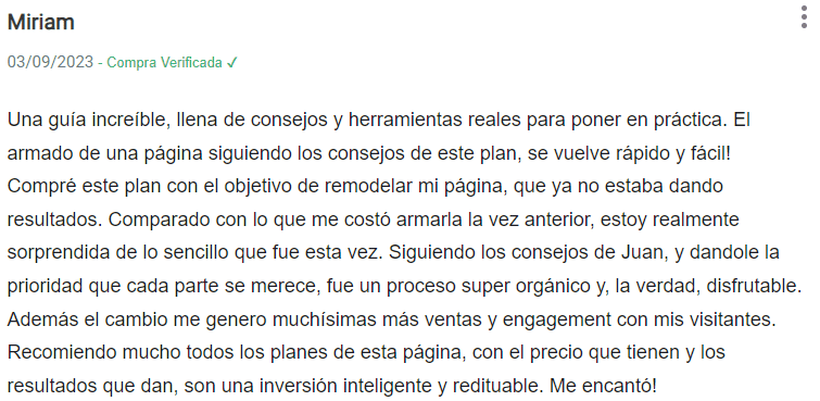 Testimonial sobre el curso Anatomía de una Página de Ventas de Alta Conversión.