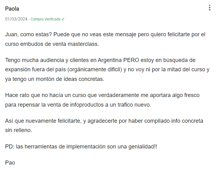 Testimonial - Tu primer embudo de venta - classyfunnels opinión