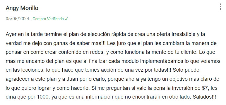 Testimonial - Testimonio - Opinión del Curso Crea una Oferta Irresistible de classyfunnels - ¿Vale la pena?